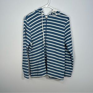 LL Bean Sweater Womens Large Petite Blue White Stripes Hood Cardigan Zip Knit